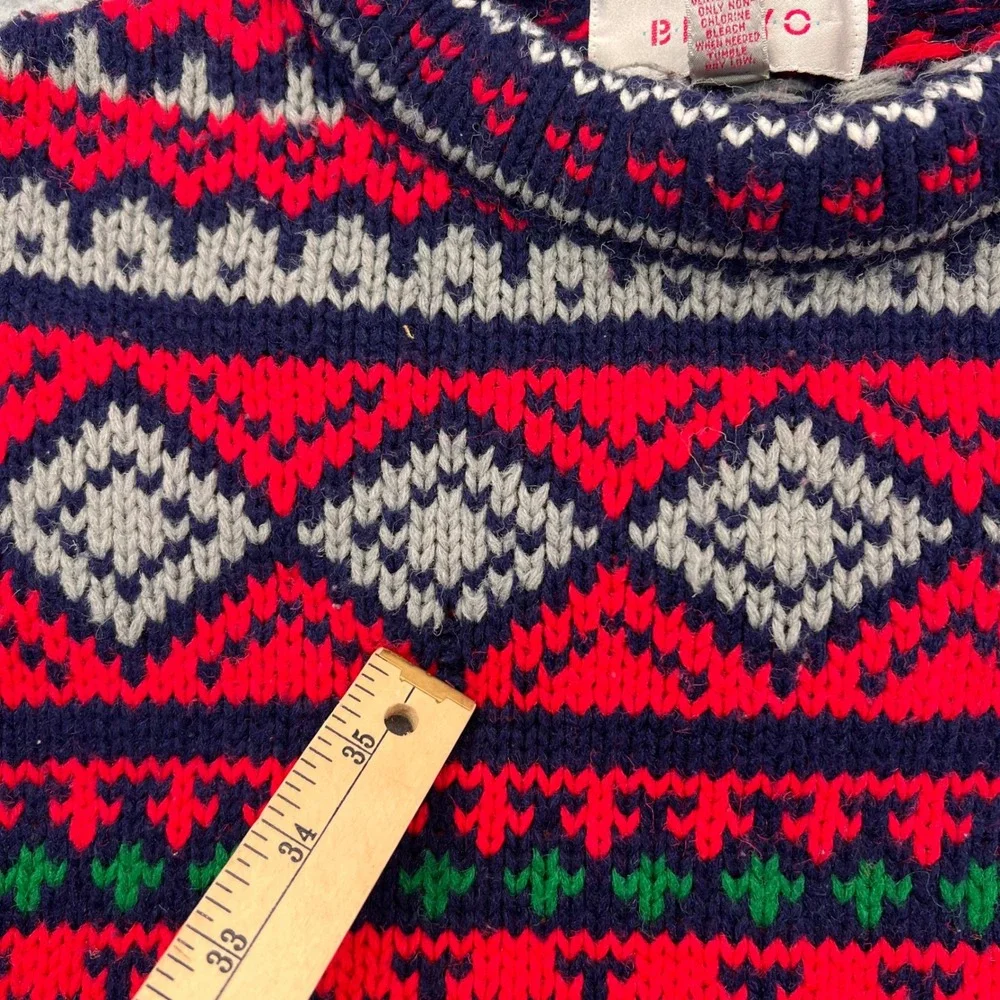 Bravo Handknits Fair Isle Sweater Mens Medium Red Navy Blue Acrylic Crew Neck